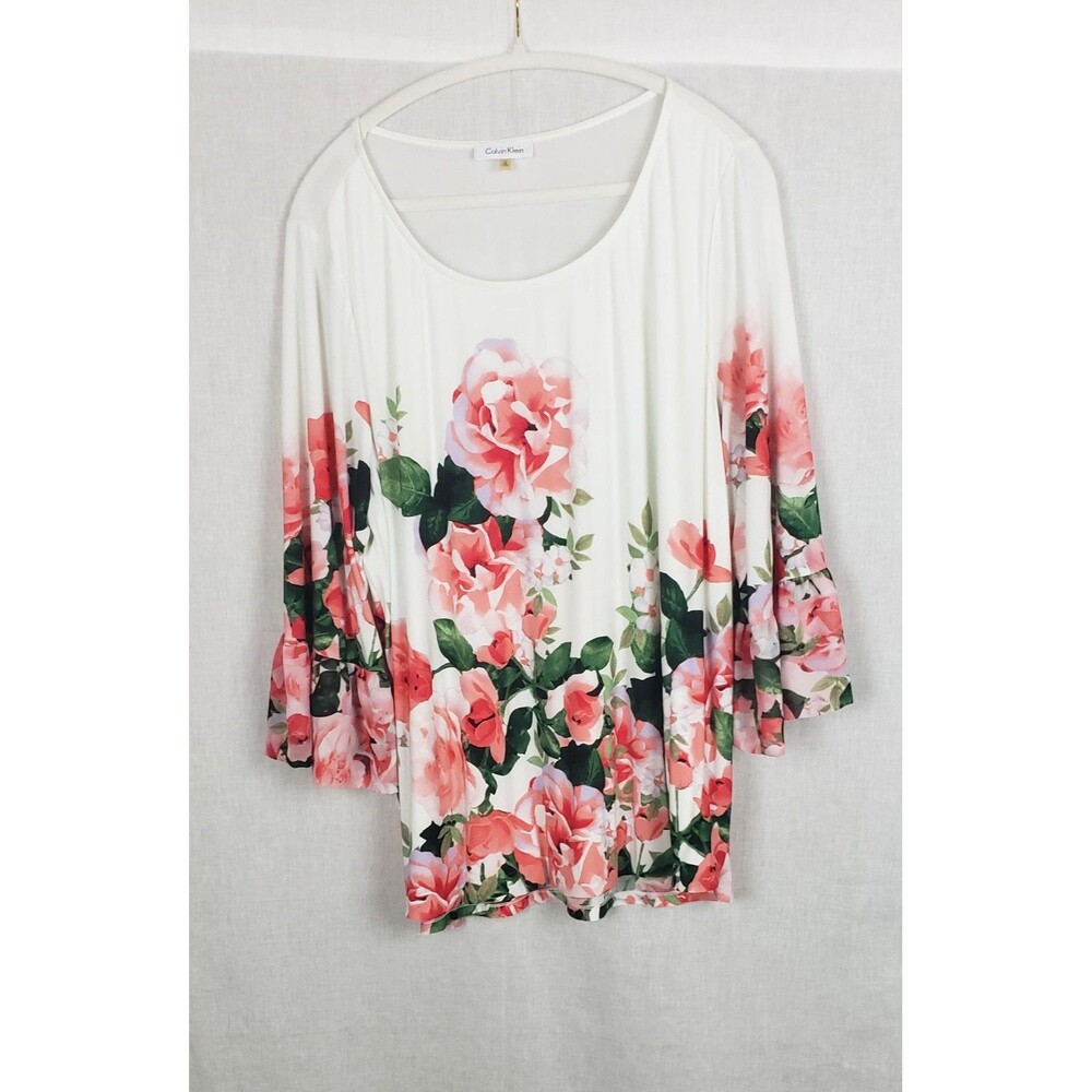 Calvin Klein Shirt Womens 1X White‎ Pink Floral Bell Sleeve Blouse Stretch Top
